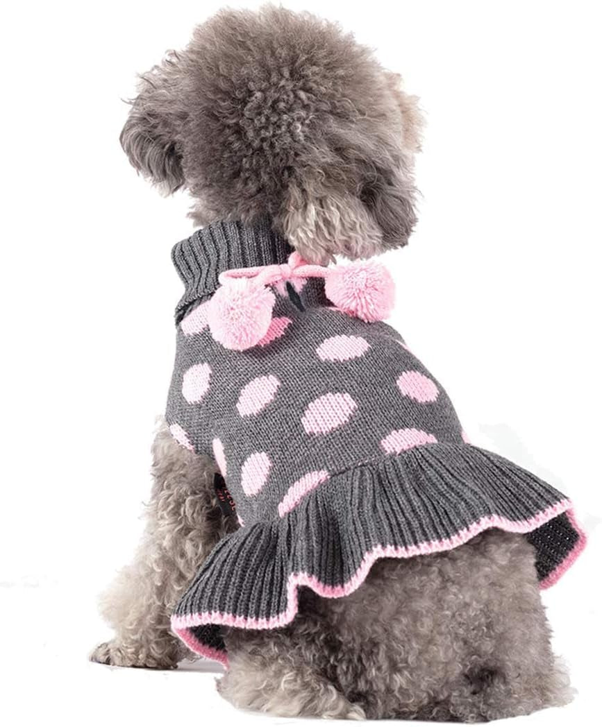 Dog Sweater Dress for Small Dogs Turtleneck Thick Knit Pullover | Leash Hole for Walks, Stretchy Fit, Lightweight & Warm, Cute Pom-Pom Accent, Cozy Knit Comfort, Gentle on Sensitive Skin