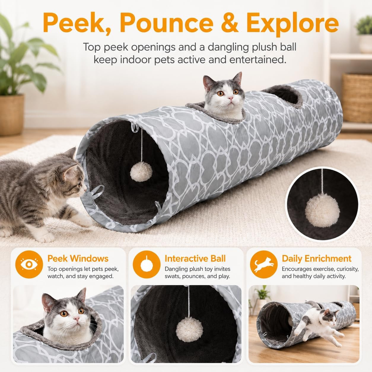 Geometric Collapsible Cat Tunnel with Plush Interior and Interactive Balls, Suitable for Kittens, Rabbits, Ferrets, and Puppies, 9.8 Inch Diameter