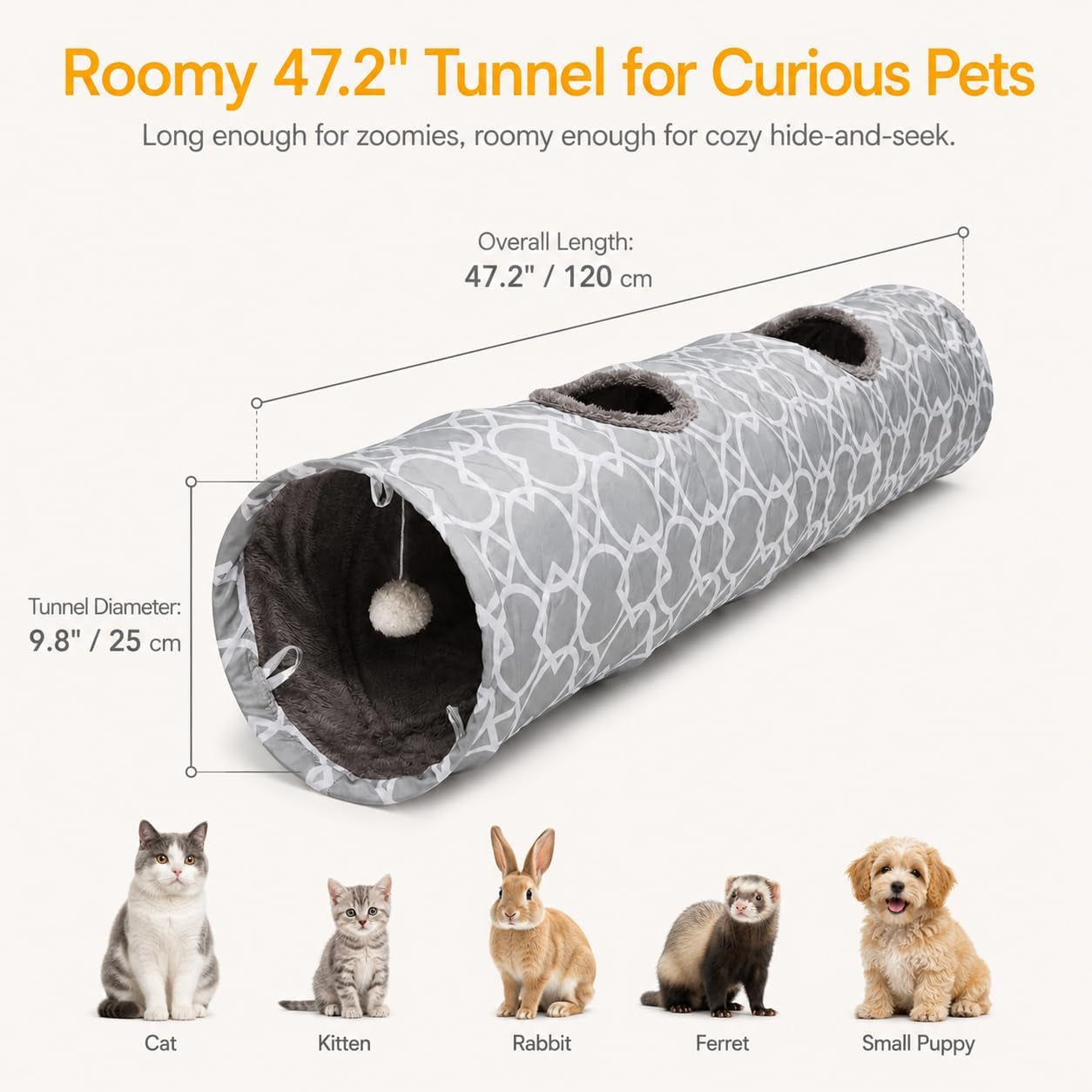 Geometric Collapsible Cat Tunnel with Plush Interior and Interactive Balls, Suitable for Kittens, Rabbits, Ferrets, and Puppies, 9.8 Inch Diameter