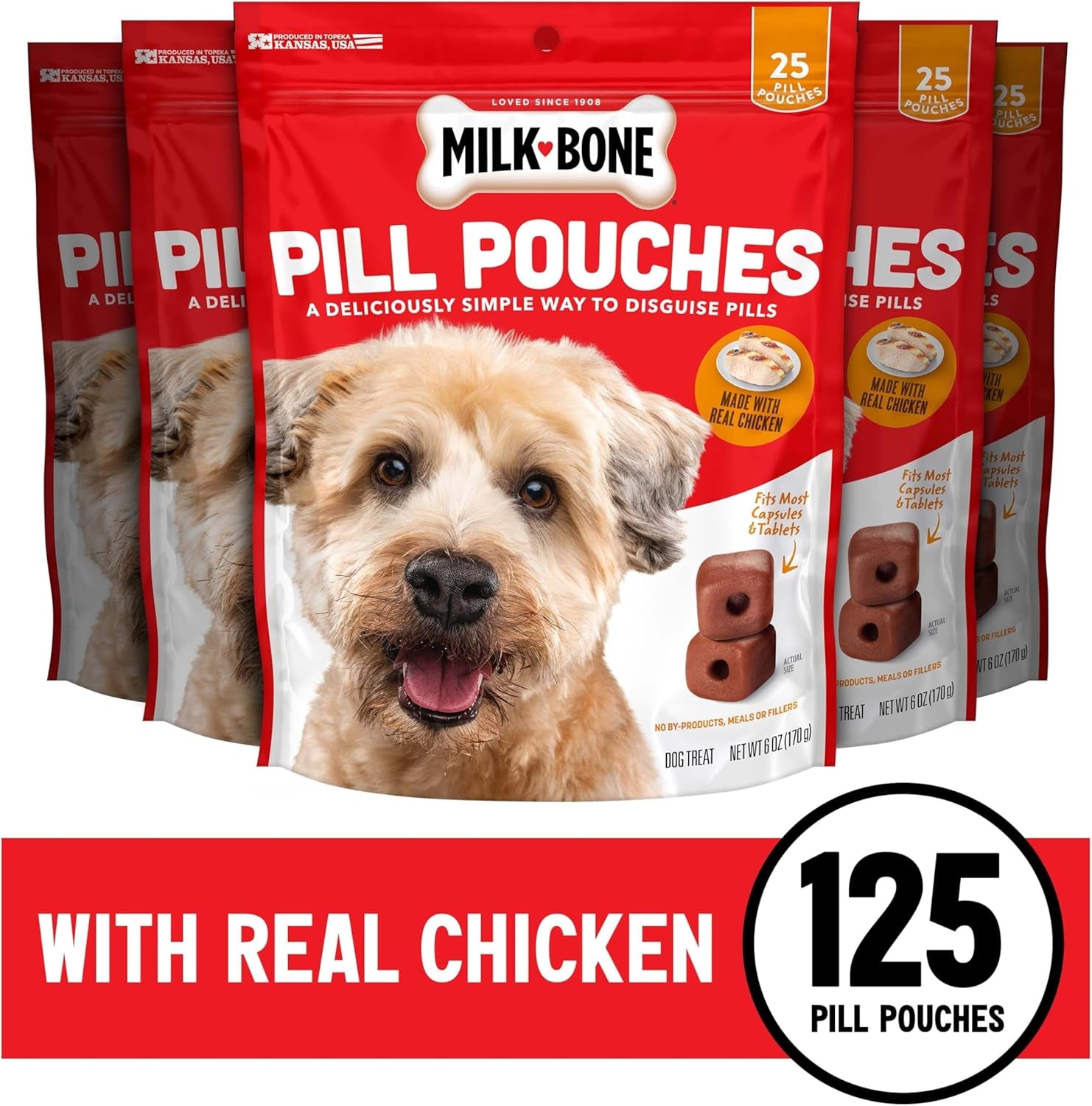 Pill Pouches Dog Treats with Real Chicken, 25 Count Bags (Pack of 5; 125 Total Treats)