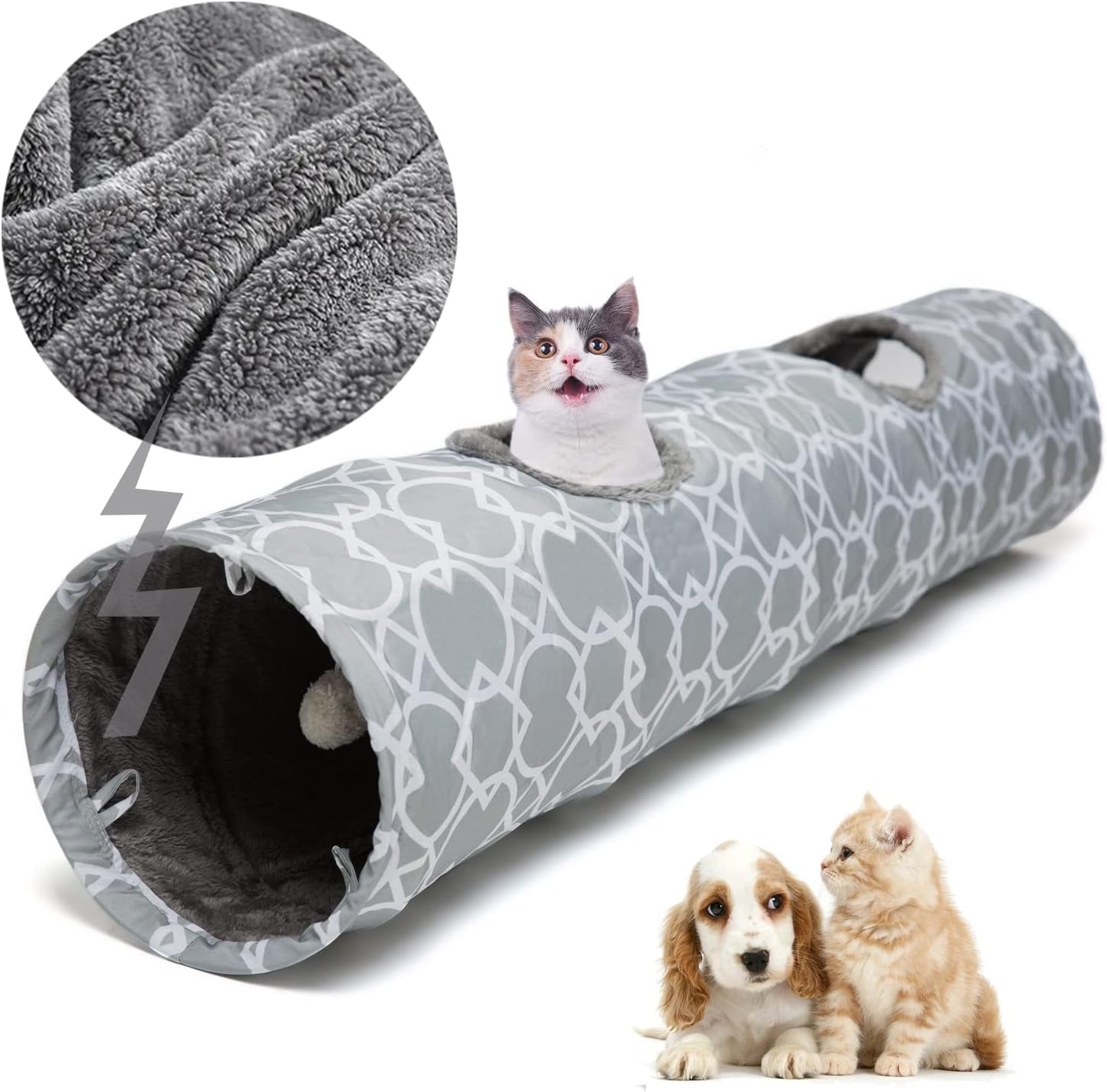 Geometric Collapsible Cat Tunnel with Plush Interior and Interactive Balls, Suitable for Kittens, Rabbits, Ferrets, and Puppies, 9.8 Inch Diameter