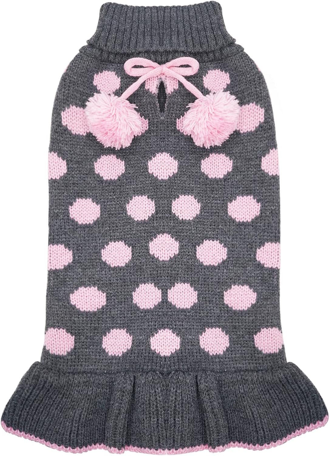 Dog Sweater Dress for Small Dogs Turtleneck Thick Knit Pullover | Leash Hole for Walks, Stretchy Fit, Lightweight & Warm, Cute Pom-Pom Accent, Cozy Knit Comfort, Gentle on Sensitive Skin