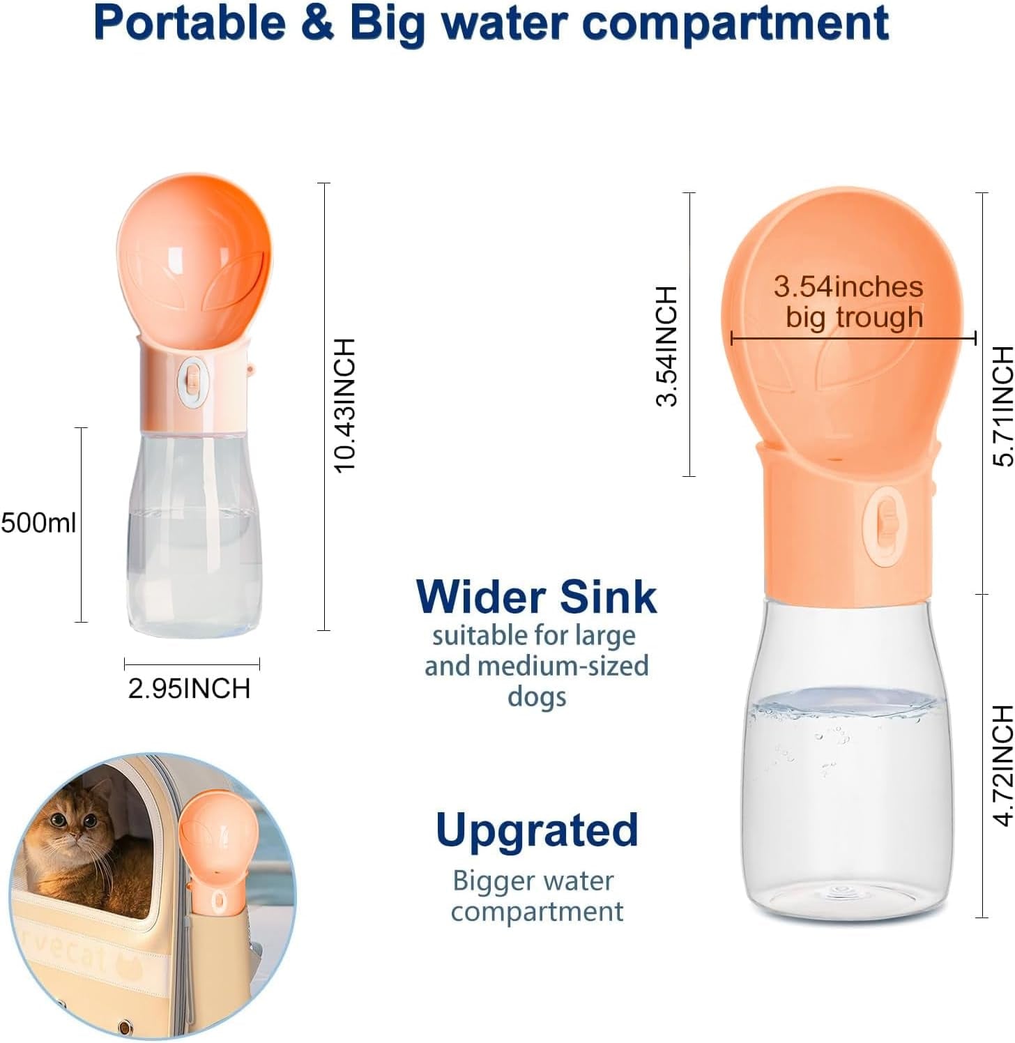 Dog Water Bottle, Widen Sink Portable Dogs Water Dispenser, Orange, 17Oz | Large Capacity, Leak Proof, Easy to Carry, Outdoor Drink Bottles for Cat, Puppy, Pet Essential for Travel, Walking, Hiking