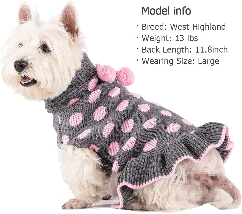 Dog Sweater Dress for Small Dogs Turtleneck Thick Knit Pullover | Leash Hole for Walks, Stretchy Fit, Lightweight & Warm, Cute Pom-Pom Accent, Cozy Knit Comfort, Gentle on Sensitive Skin