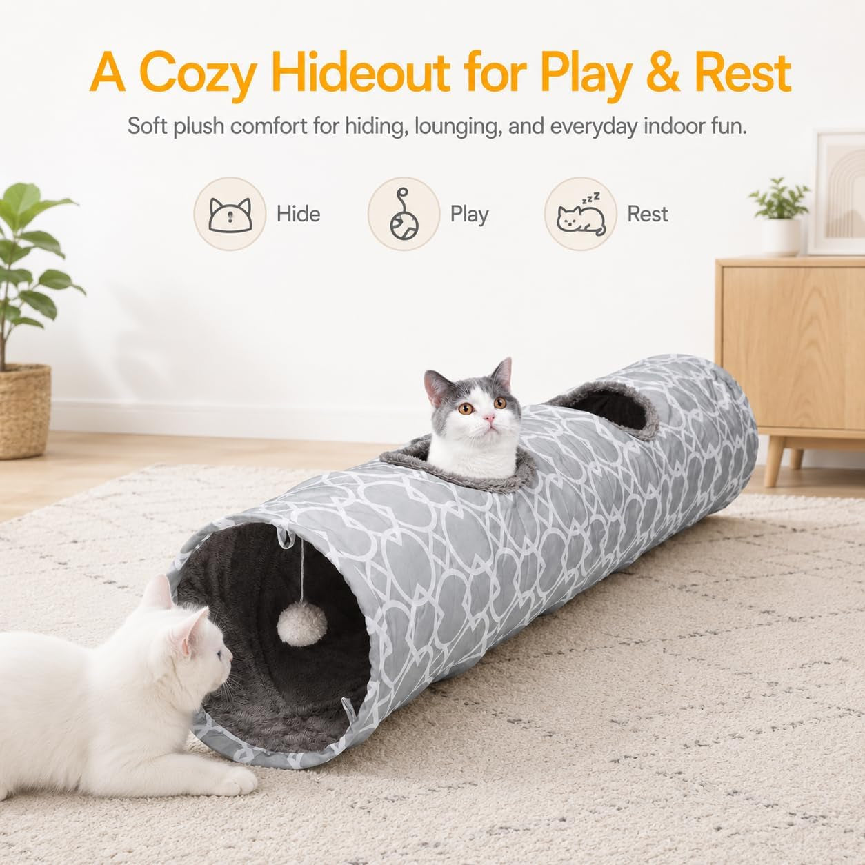 Geometric Collapsible Cat Tunnel with Plush Interior and Interactive Balls, Suitable for Kittens, Rabbits, Ferrets, and Puppies, 9.8 Inch Diameter
