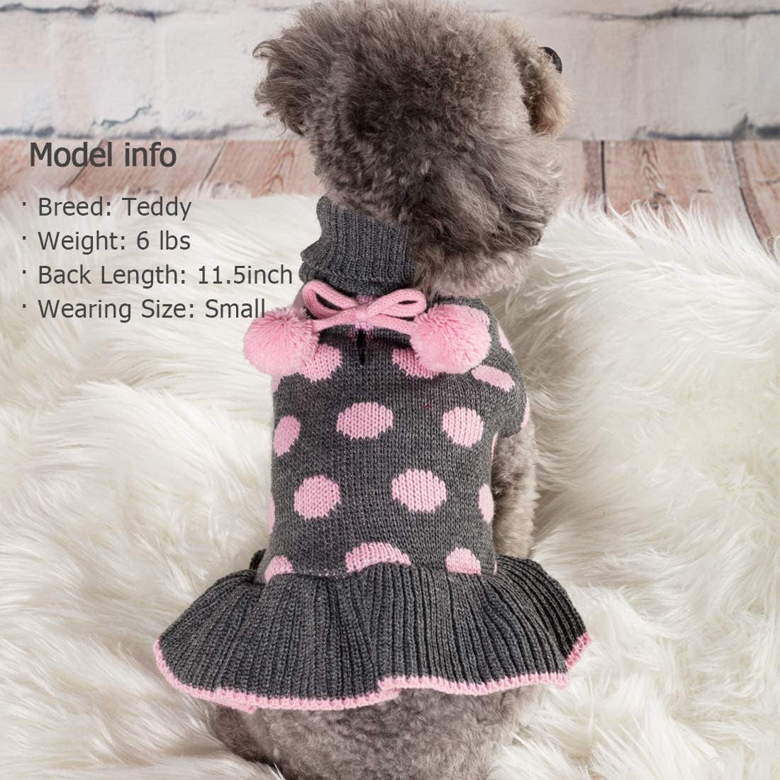 Dog Sweater Dress for Small Dogs Turtleneck Thick Knit Pullover | Leash Hole for Walks, Stretchy Fit, Lightweight & Warm, Cute Pom-Pom Accent, Cozy Knit Comfort, Gentle on Sensitive Skin