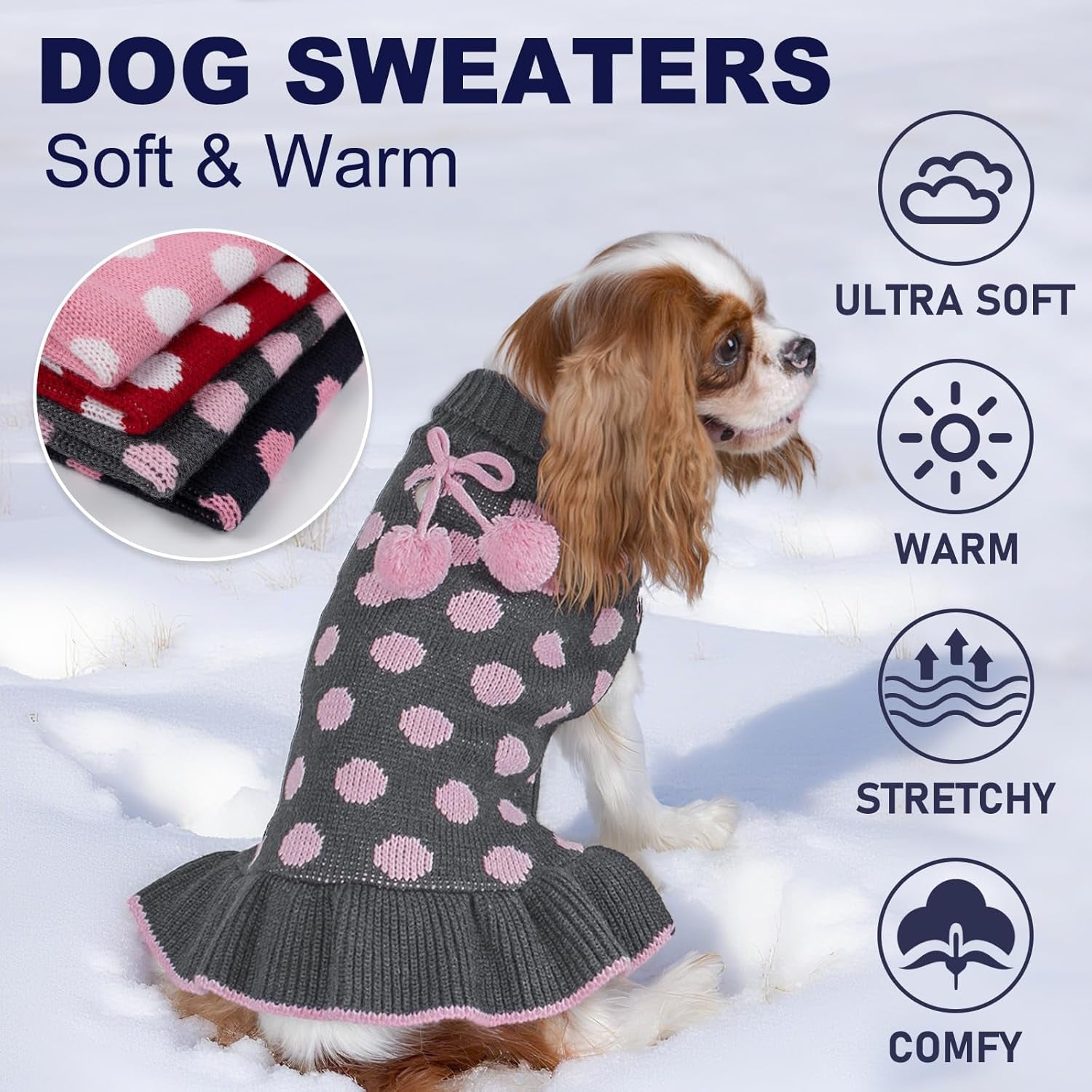 Dog Sweater Dress for Small Dogs Turtleneck Thick Knit Pullover | Leash Hole for Walks, Stretchy Fit, Lightweight & Warm, Cute Pom-Pom Accent, Cozy Knit Comfort, Gentle on Sensitive Skin