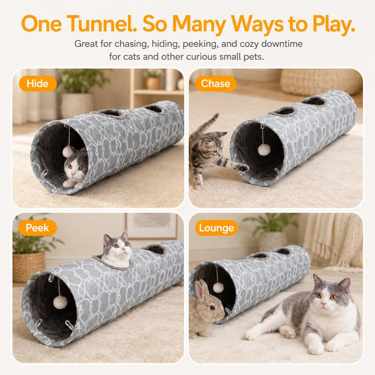 Geometric Collapsible Cat Tunnel with Plush Interior and Interactive Balls, Suitable for Kittens, Rabbits, Ferrets, and Puppies, 9.8 Inch Diameter